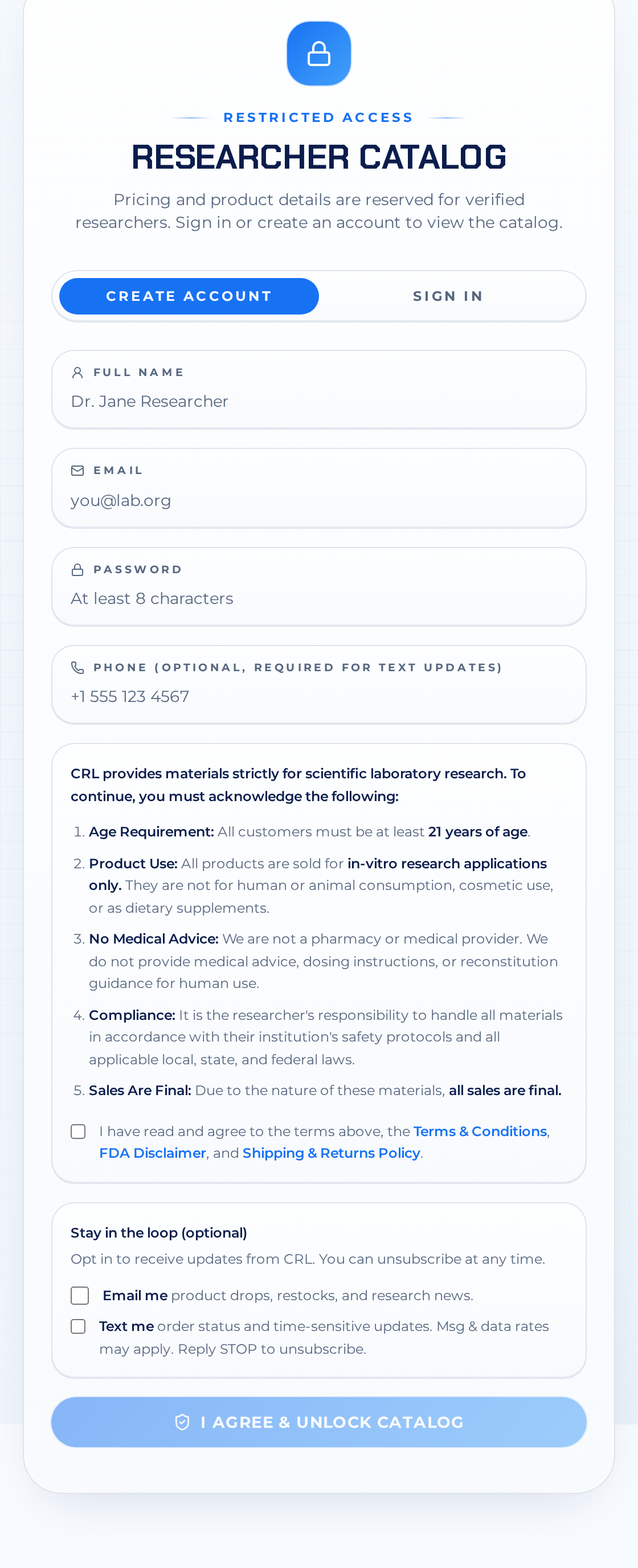 Full CRL account creation form showing the optional Stay in the loop section with Email me and Text me consent checkboxes, both unchecked by default
